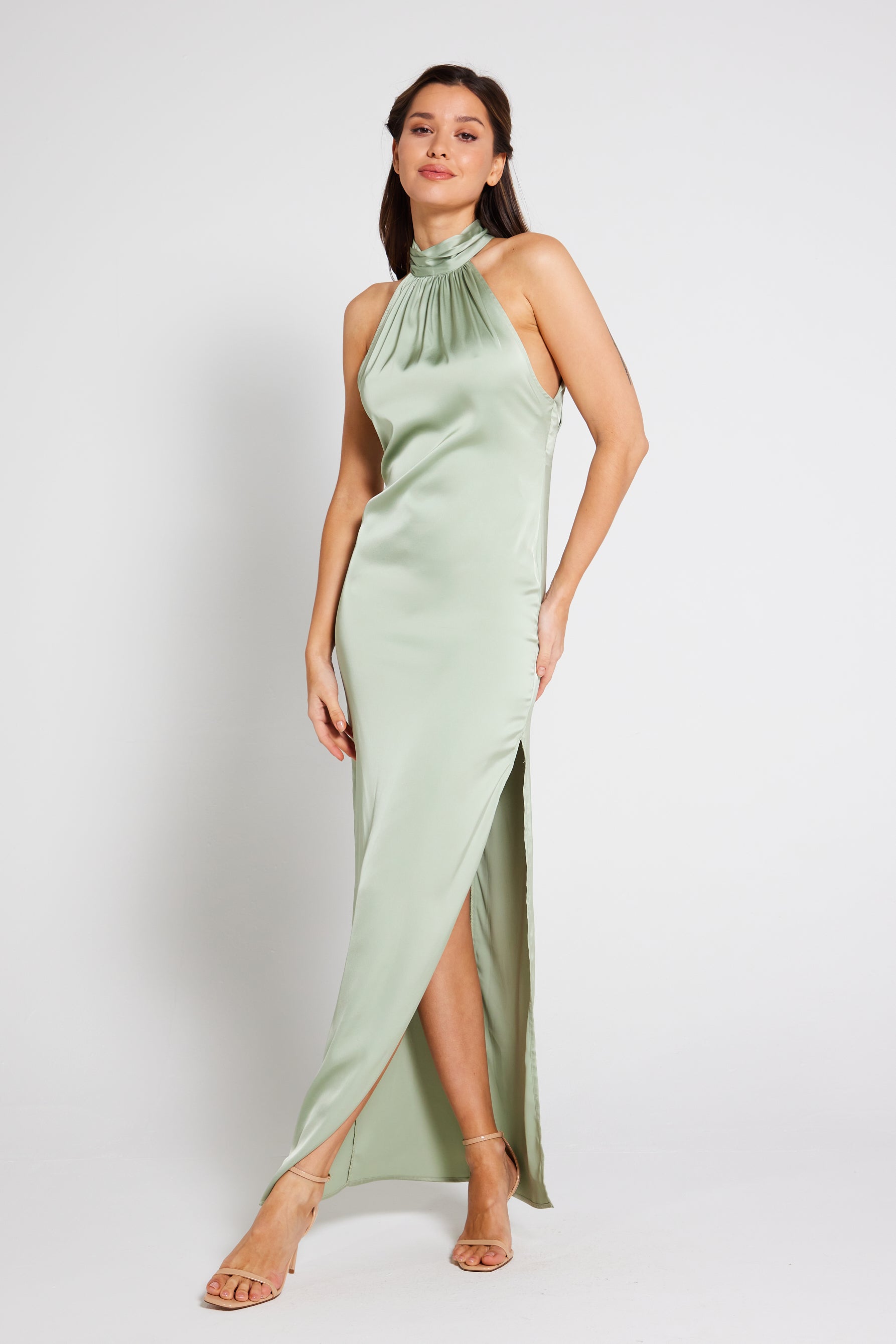 Green satin halter dress best sale