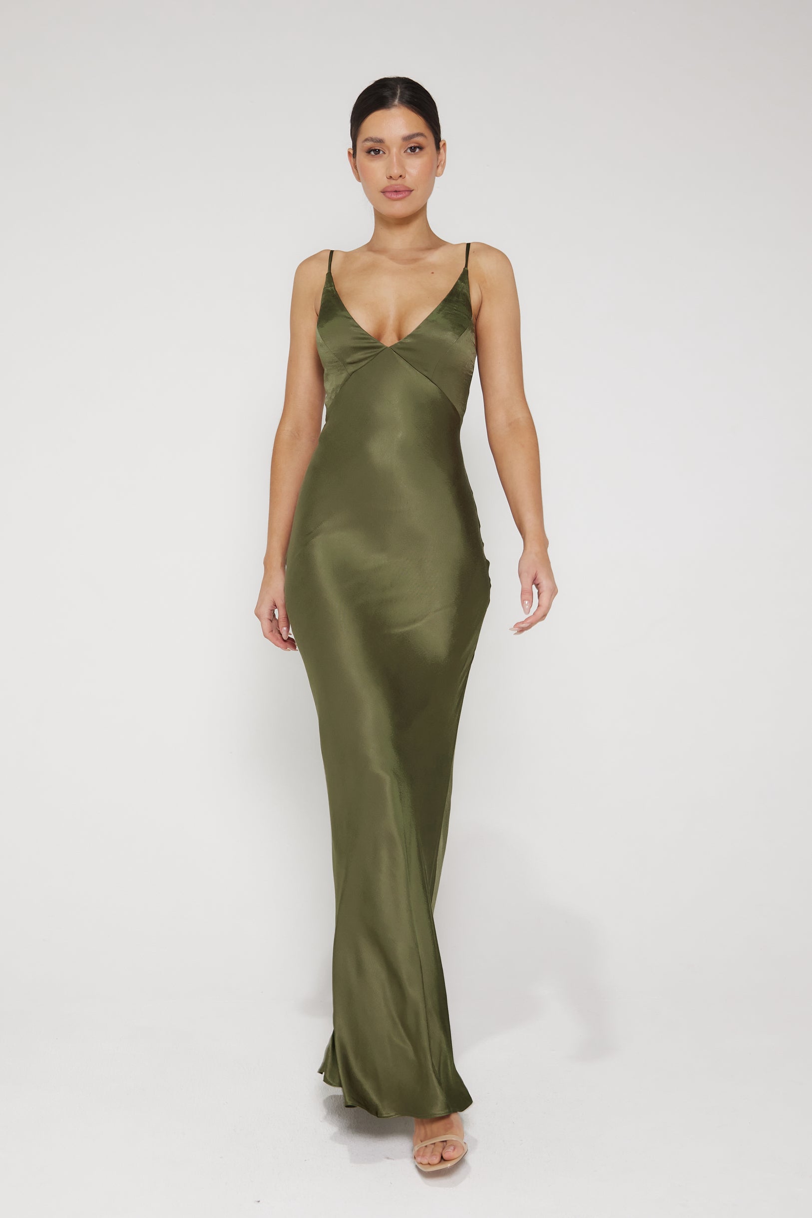 Ada V Neck Slip Maxi Dress Khaki Liena UK