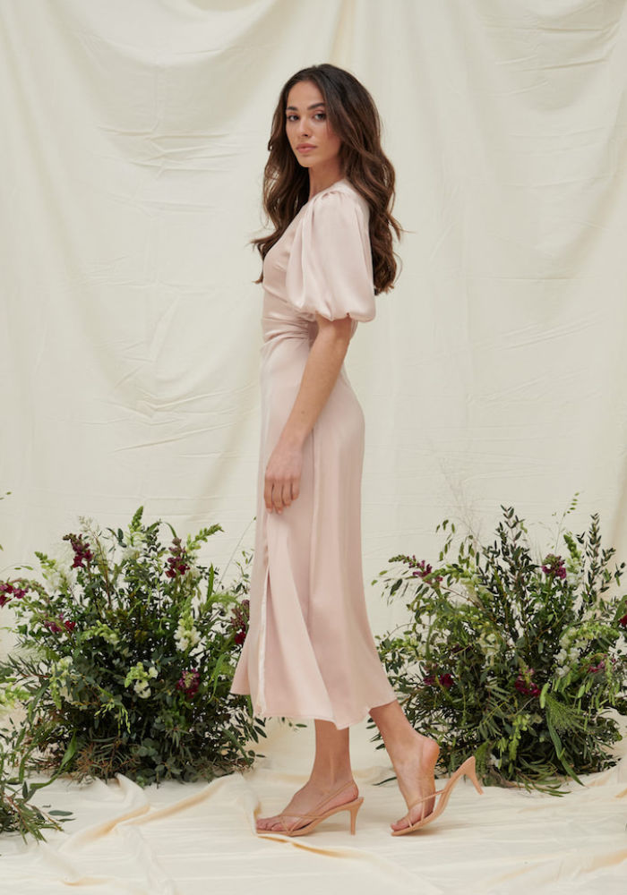 Puff Sleeve Side Split Midi Dress in Blush Pink | Luxe Collection ...