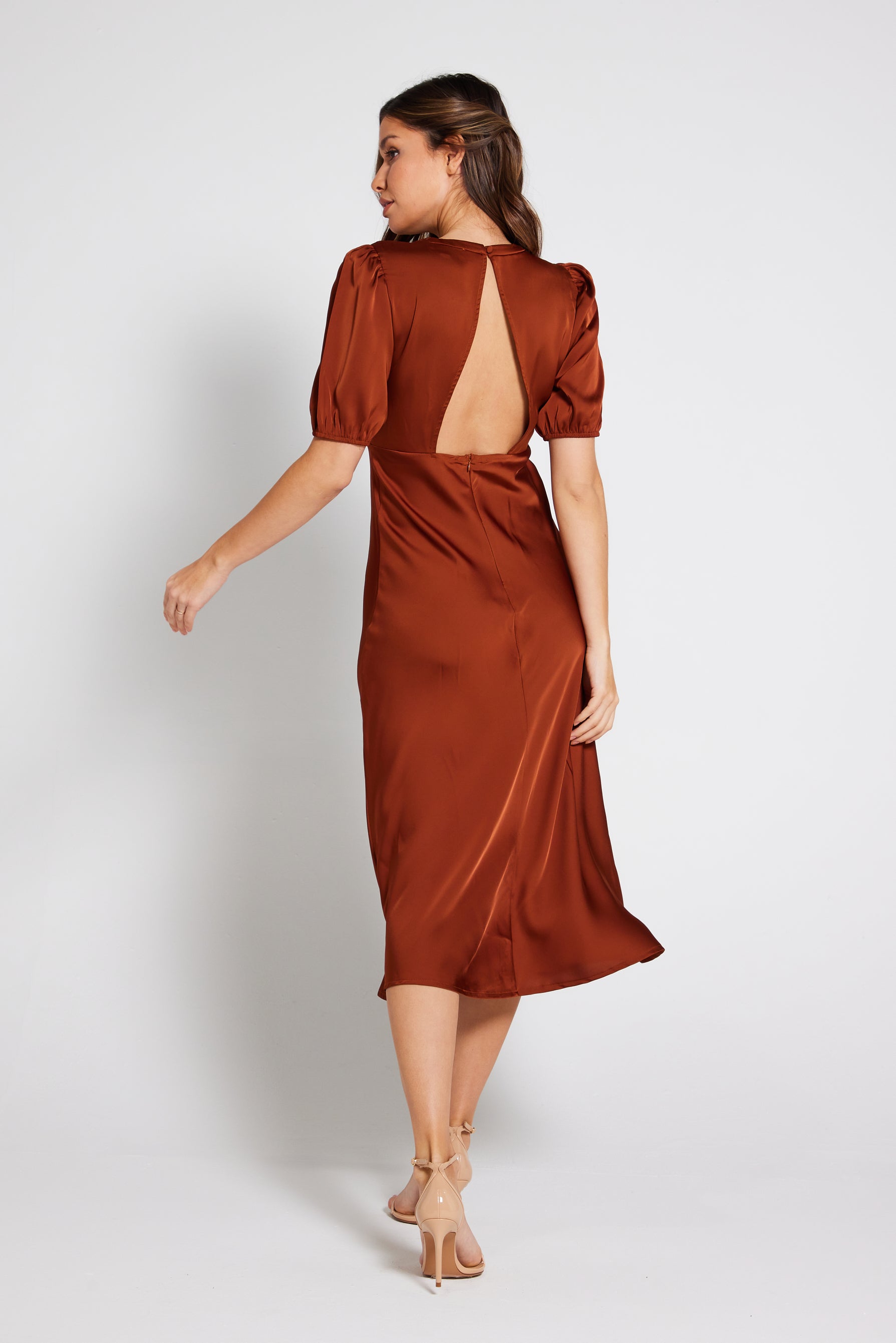 Rust satin twist front outlet open sleeve wrap dress