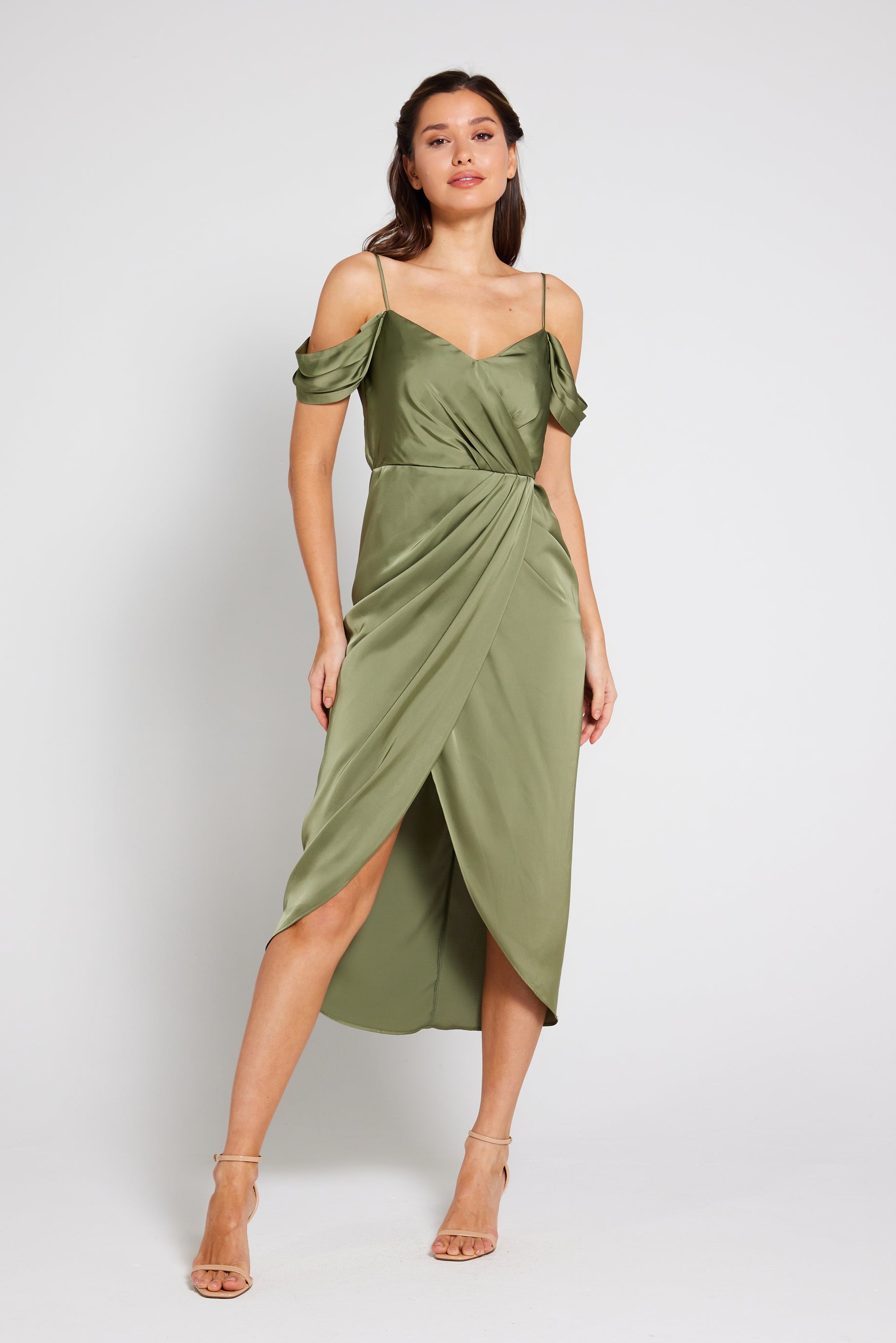 Renae satin store wrap dress olive