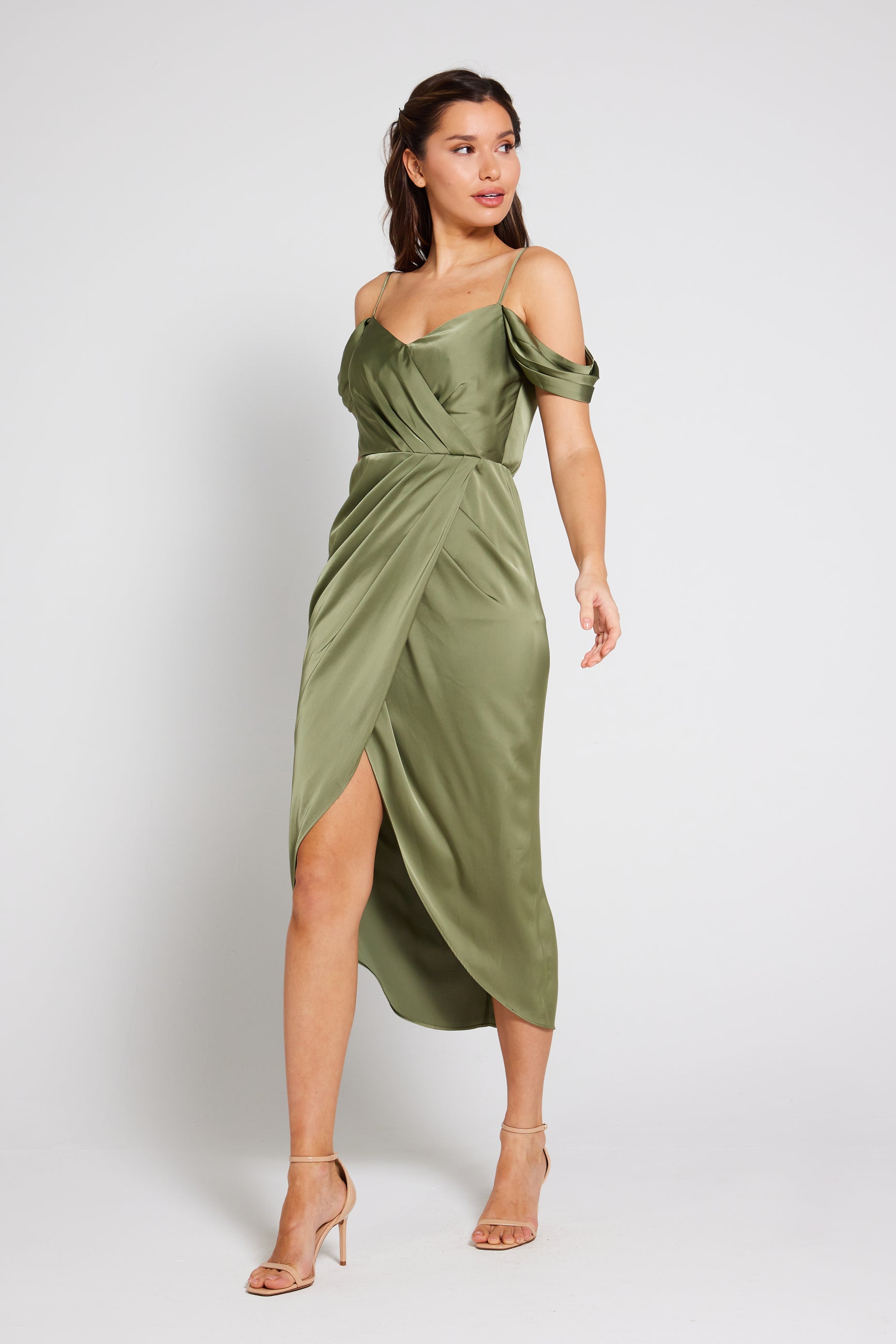 Isabella Bardot Satin Wrap Dress Olive