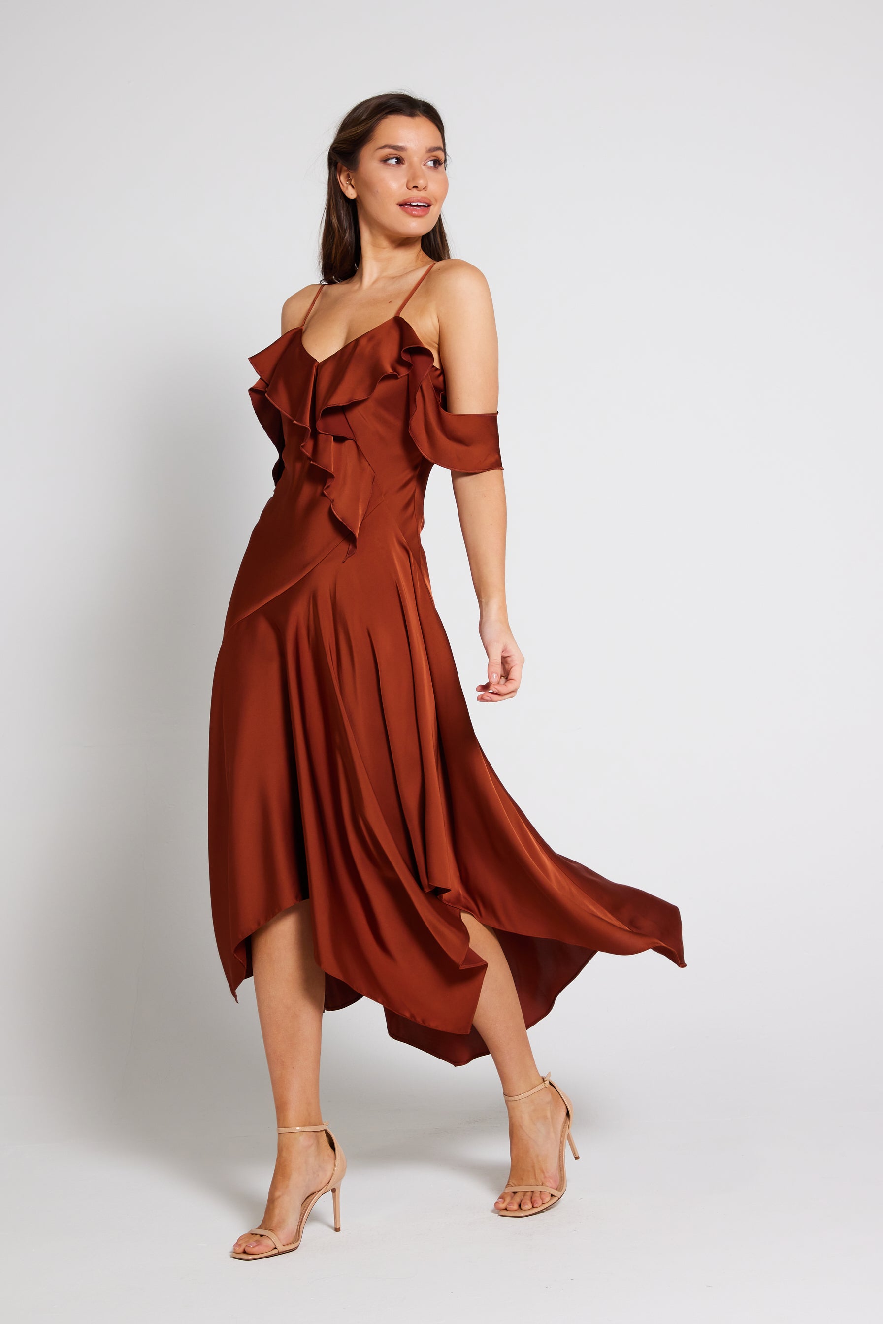 Vienna Frill Cold Shoulder Satin Midi Dress Rust