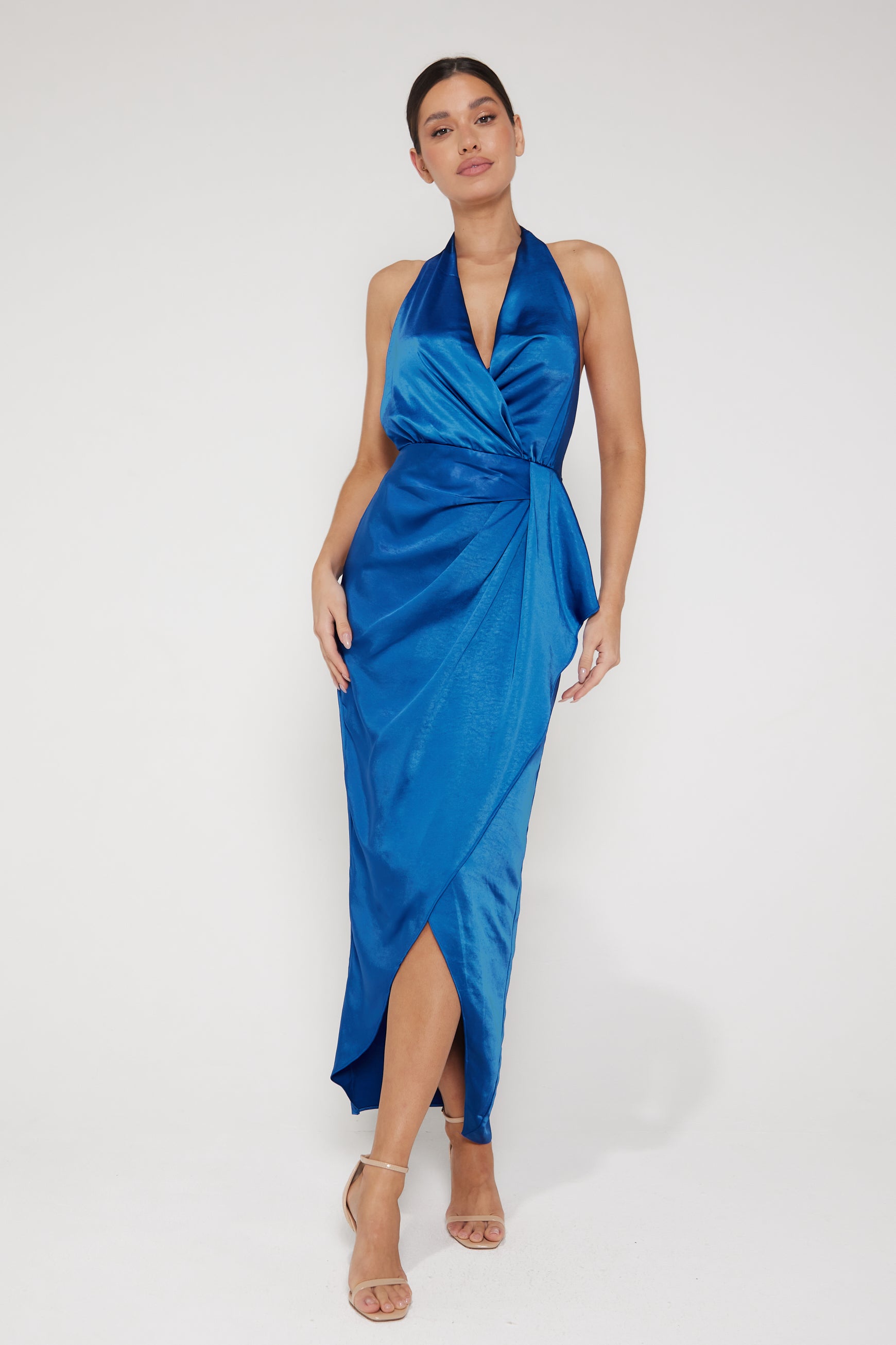 Amber Halter Neck Wrap Midi Dress Royal Blue