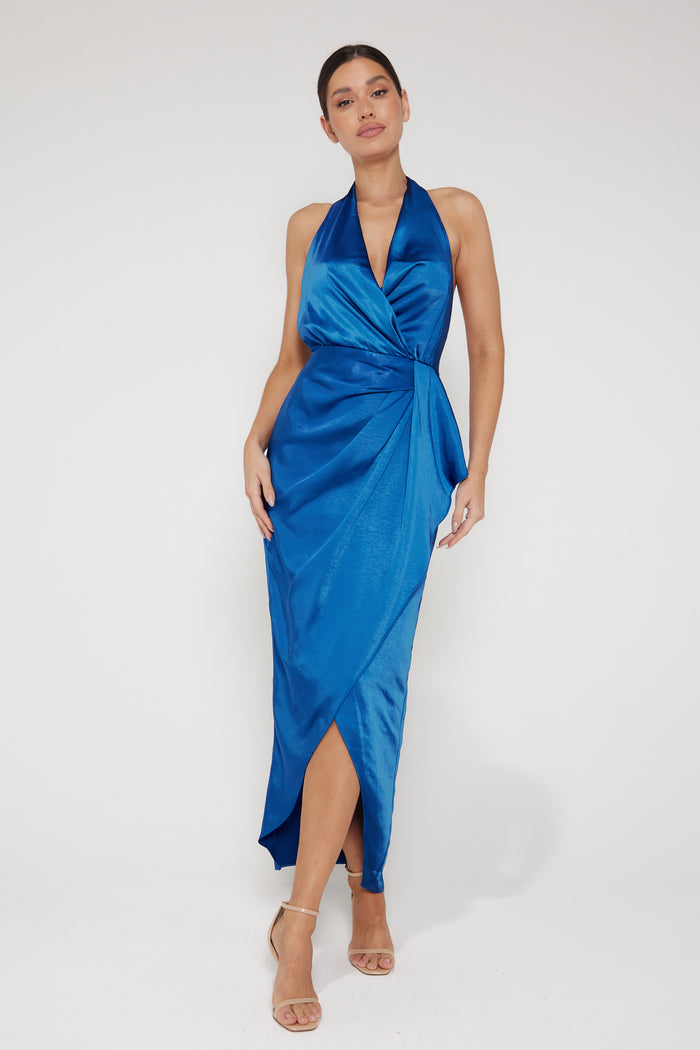 Amber Halter Neck Wrap Midi Dress - Royal Blue