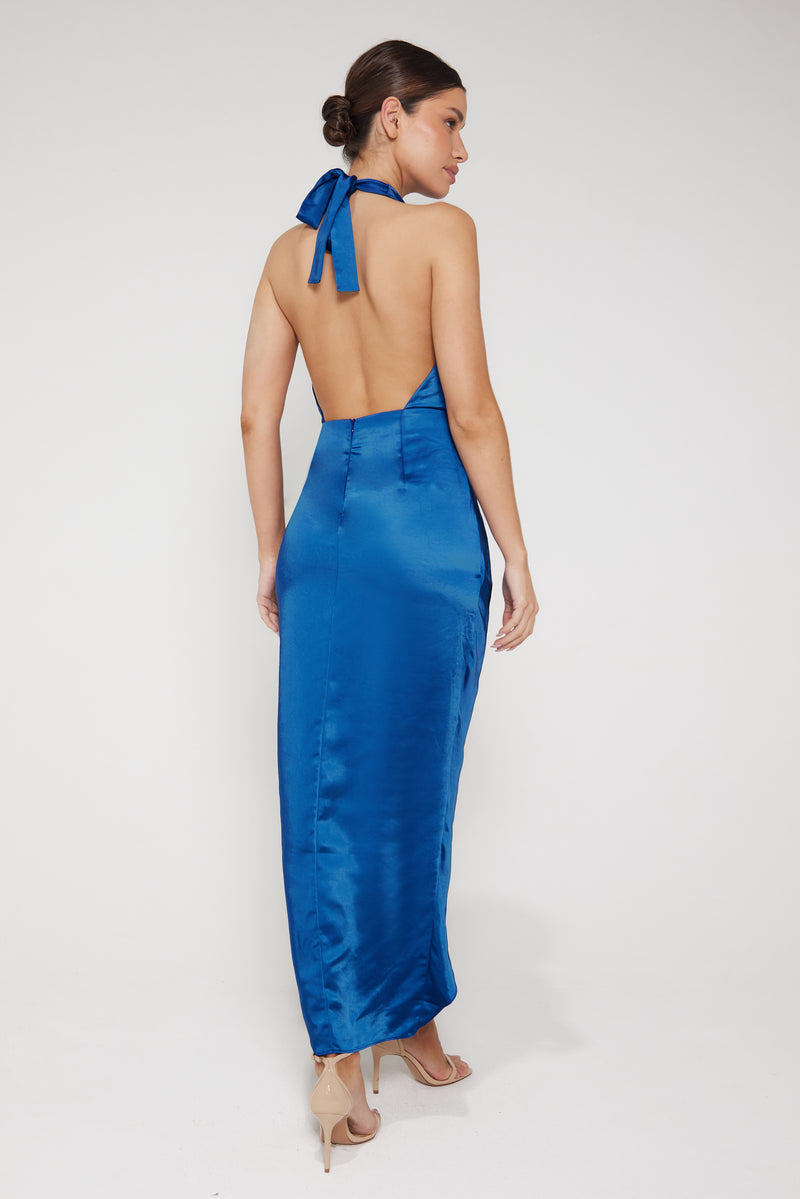 Amber Halter Neck Wrap Midi Dress - Royal Blue