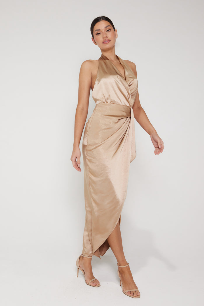 Amber Halter Neck Wrap Midi Dress - Champagne