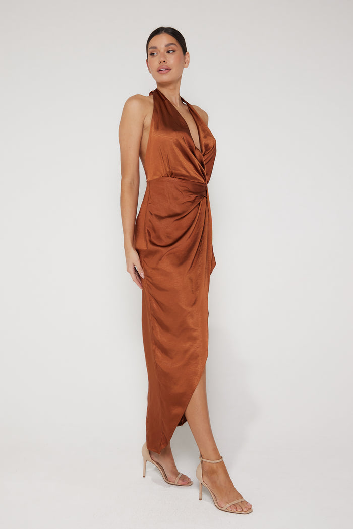 Amber Halter Neck Wrap Midi Dress - Rust