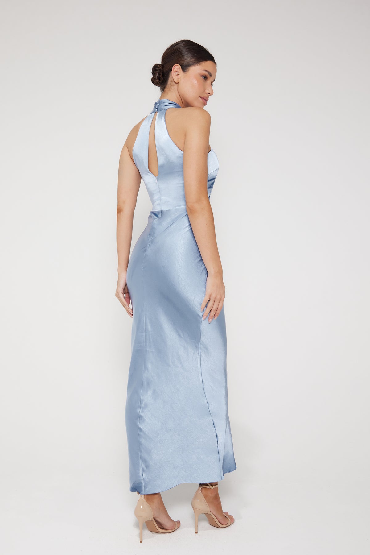 Jessica Halter Neck Keyhole Satin Maxi Dress - Light Blue