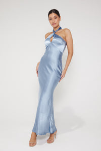 Jessica Halter Neck Keyhole Satin Maxi Dress - Light Blue