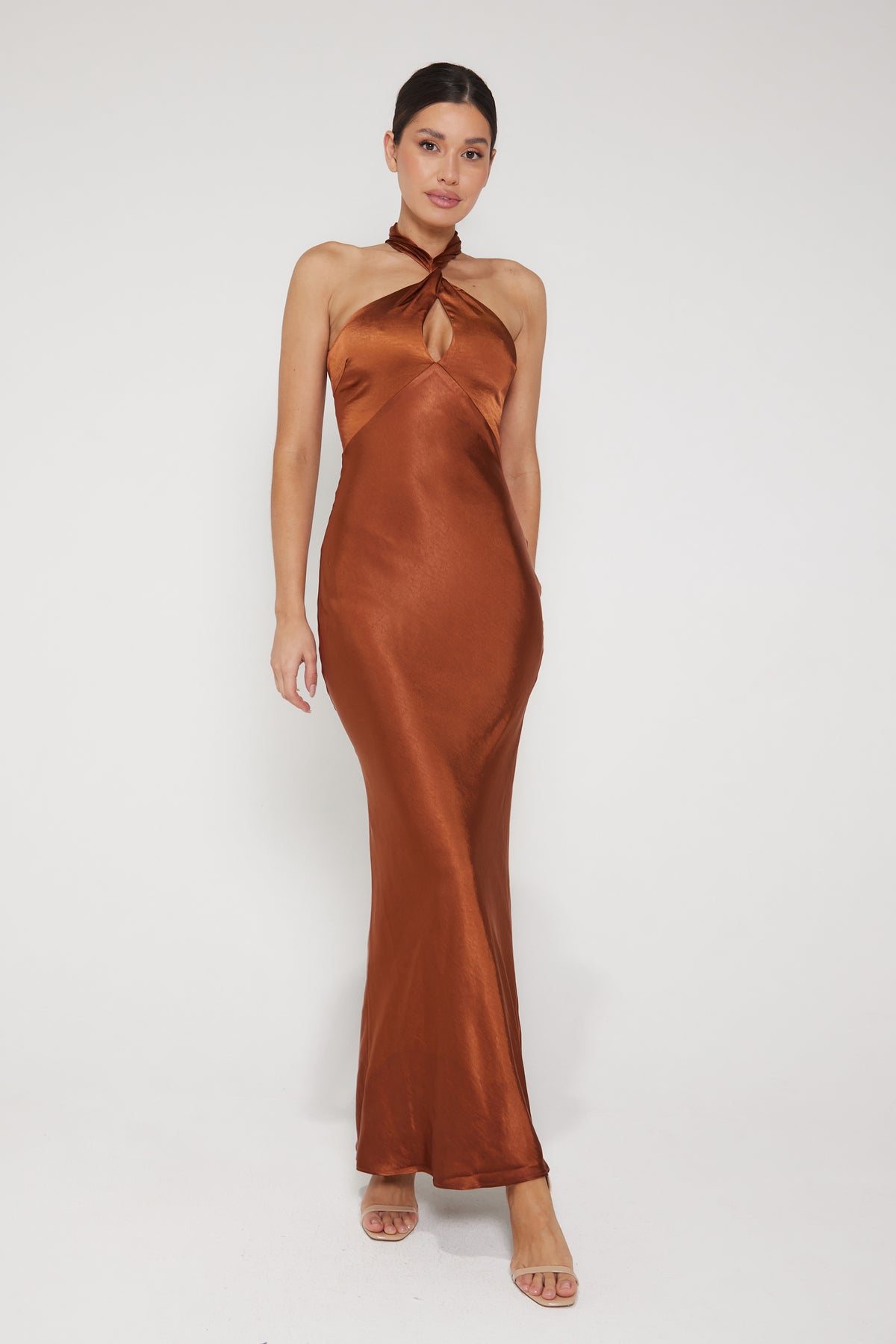 Jessica Halter Neck Keyhole Satin Maxi Dress - Rust