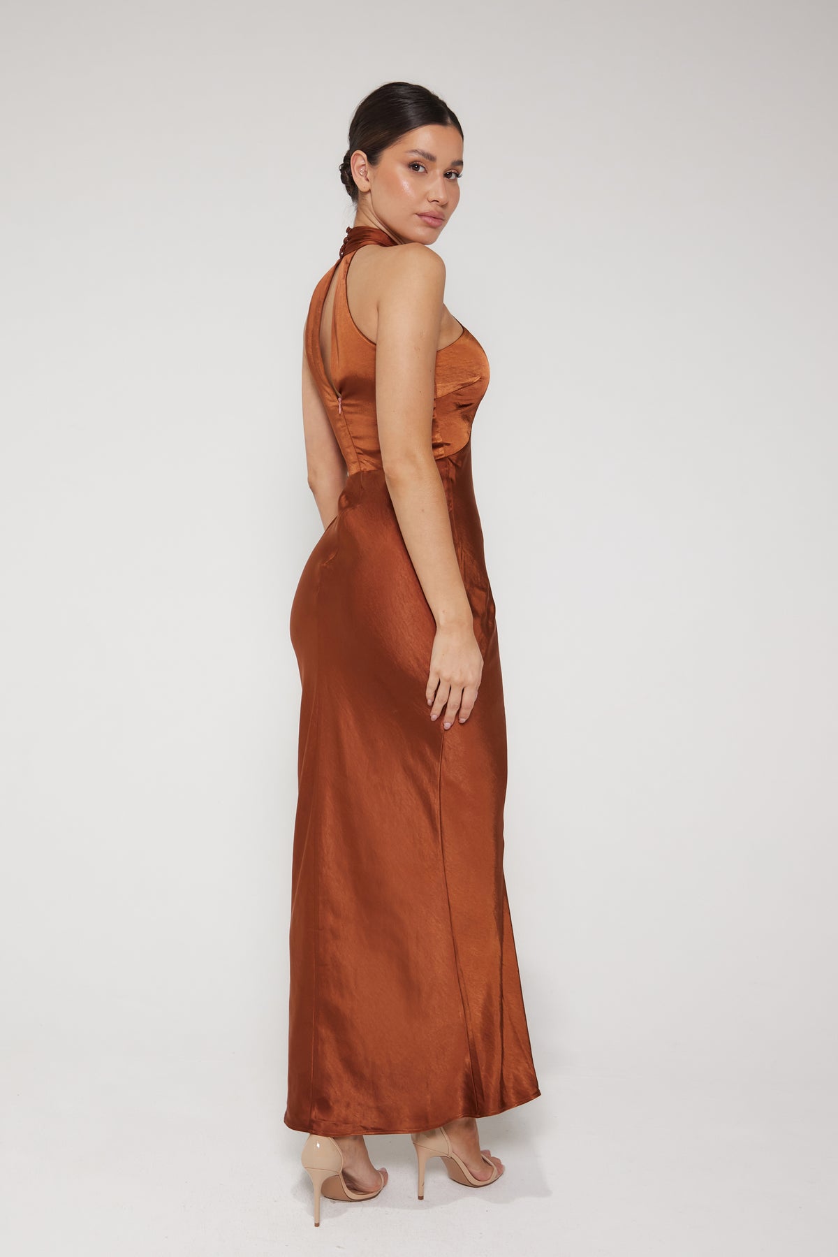 Jessica Halter Neck Keyhole Satin Maxi Dress - Rust