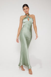 Jessica Halter Neck Keyhole Satin Maxi Dress - Sage Green