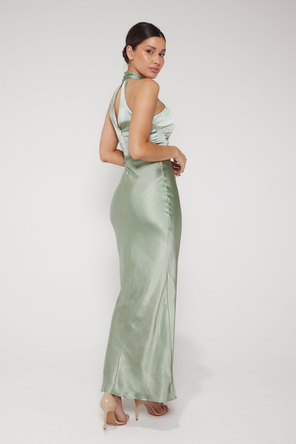 Jessica Halter Neck Keyhole Satin Maxi Dress - Sage Green