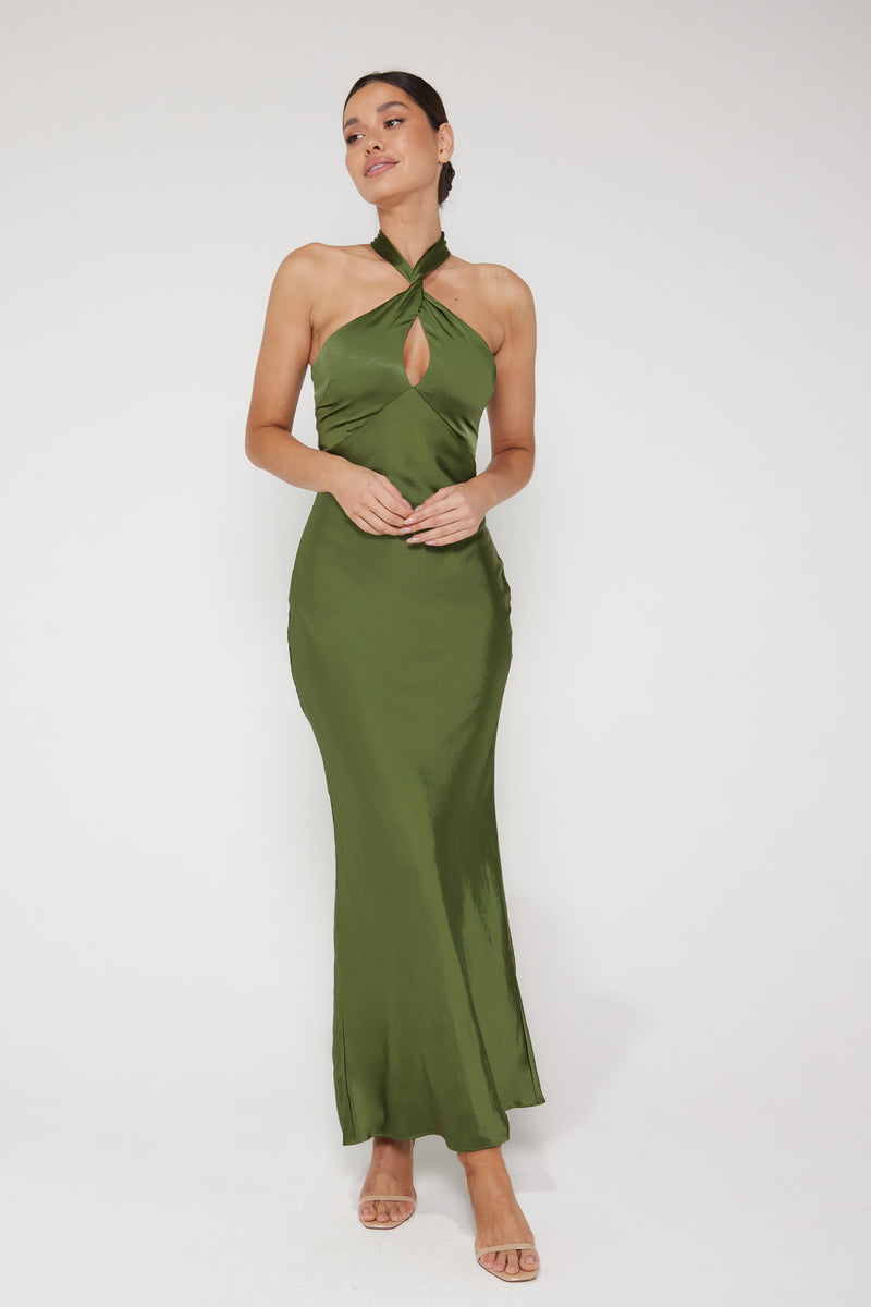 Jessica Halter Neck Keyhole Satin Maxi Dress - Olive Green