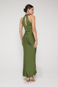 Jessica Halter Neck Keyhole Satin Maxi Dress - Olive Green