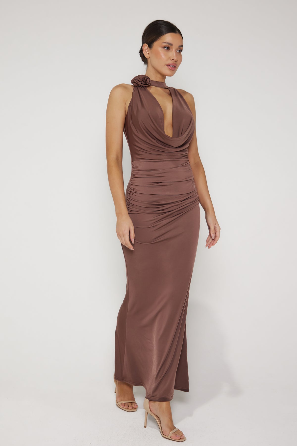 Lola Plunge Halter Neck Maxi Dress - Mocha