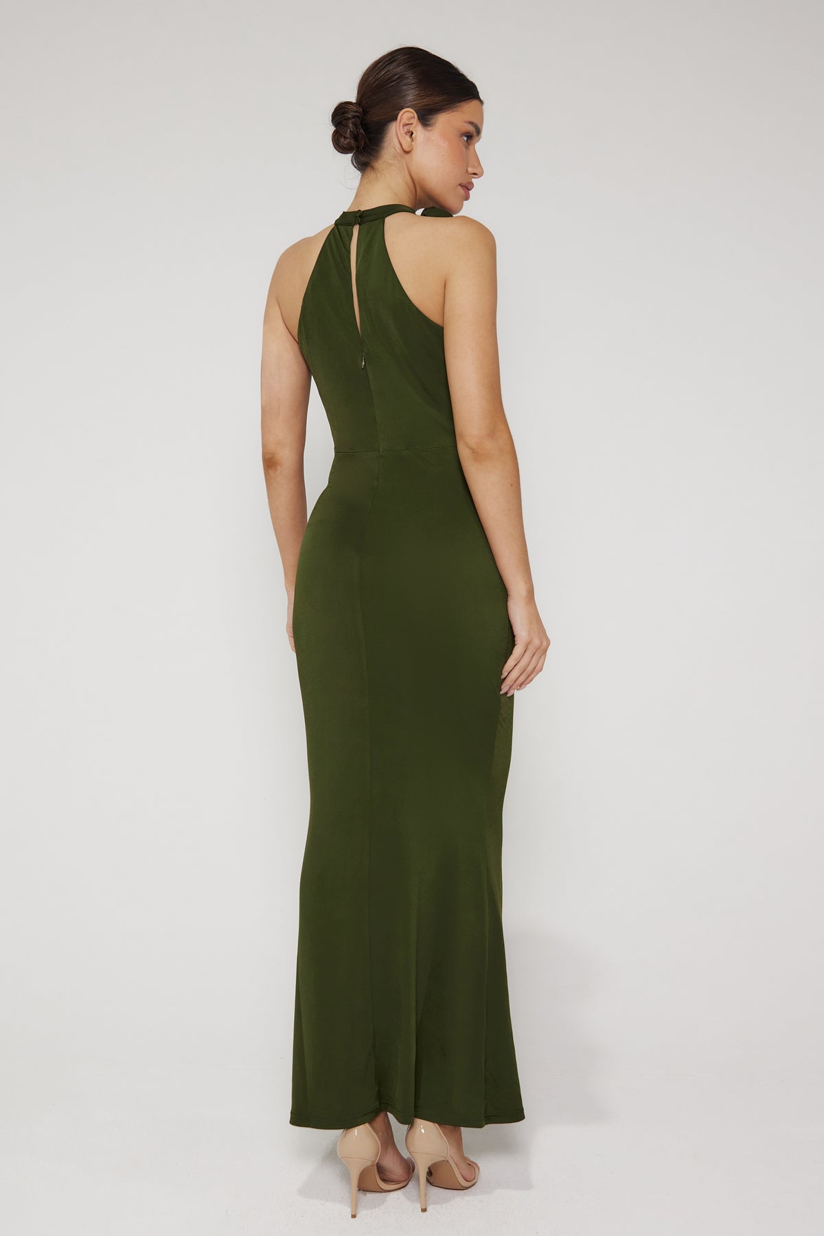 Lola Plunge Halter Neck Maxi Dress - Khaki