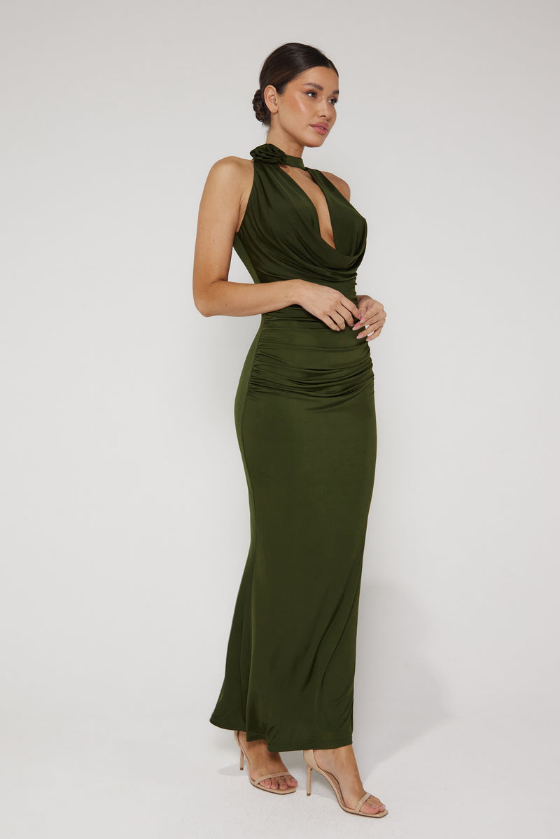 Lola Plunge Halter Neck Maxi Dress - Khaki