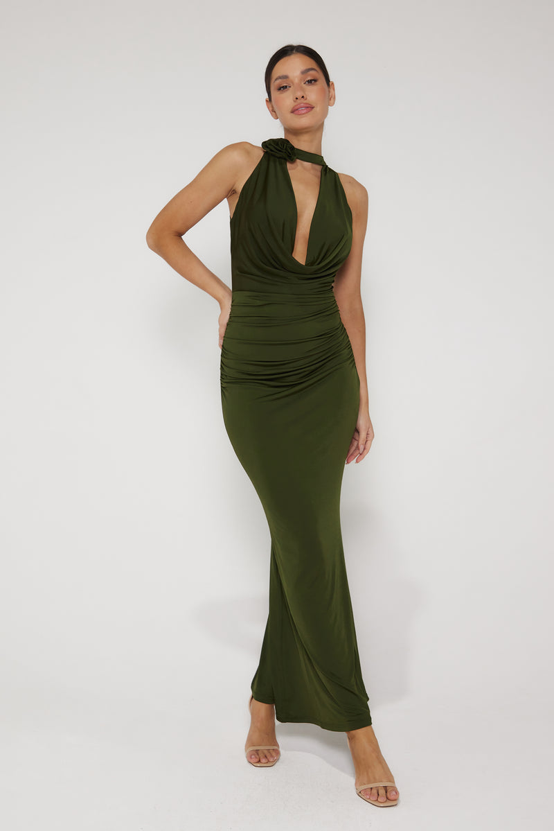 Lola Plunge Halter Neck Maxi Dress - Khaki