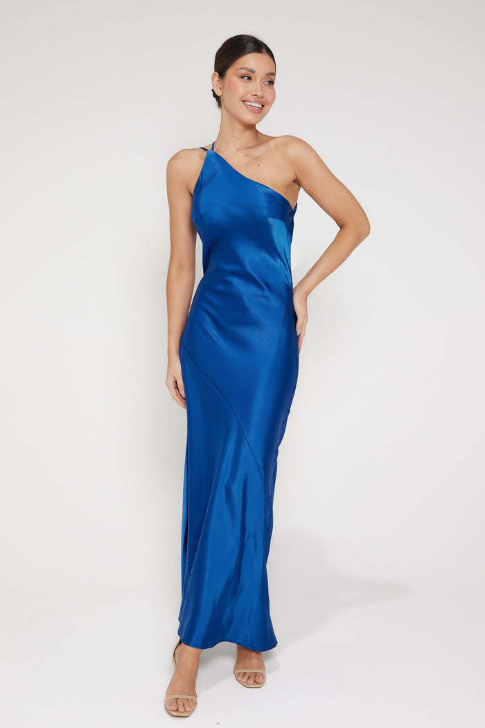 Monica One Shoulder Satin Maxi Dress - Royal Blue