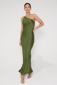 Monica One Shoulder Satin Maxi Dress - Olive Green