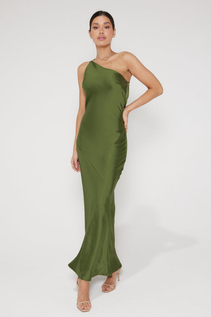 Monica One Shoulder Satin Maxi Dress - Olive Green