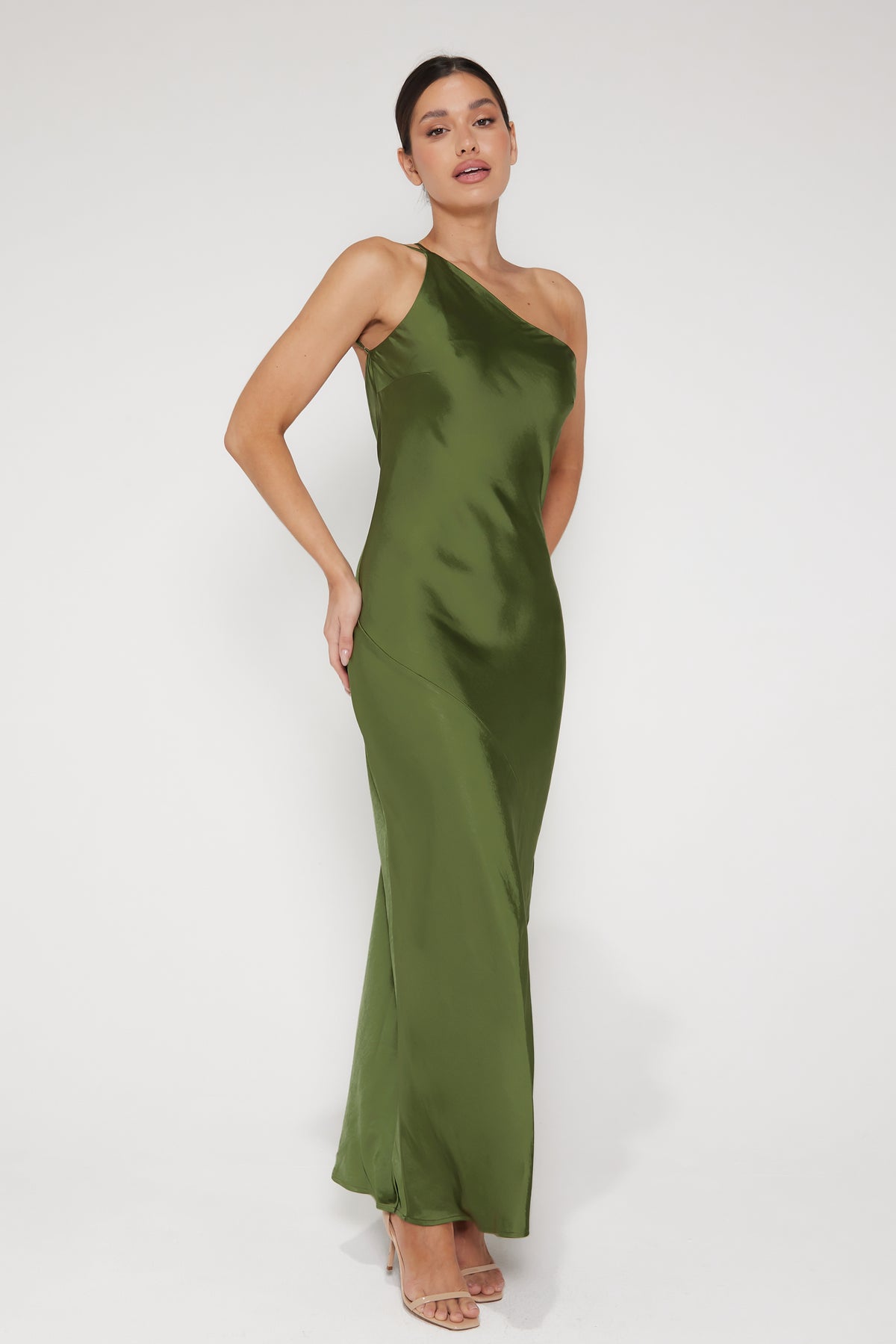 Monica One Shoulder Satin Maxi Dress - Olive Green