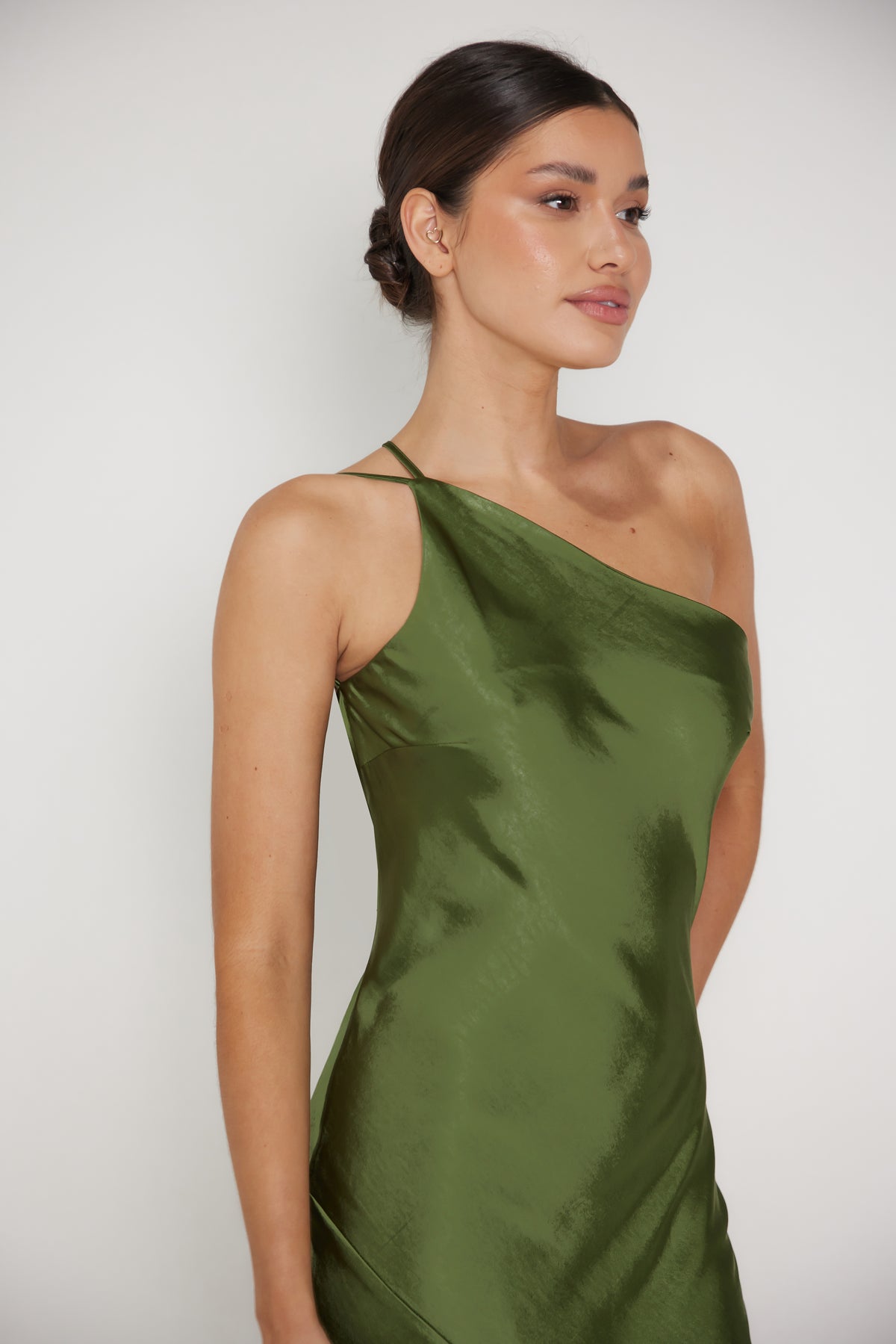 Monica One Shoulder Satin Maxi Dress - Olive Green