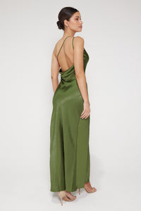 Monica One Shoulder Satin Maxi Dress - Olive Green