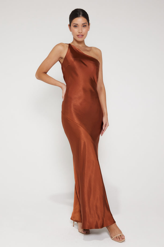 Monica One Shoulder Satin Maxi Dress - Rust