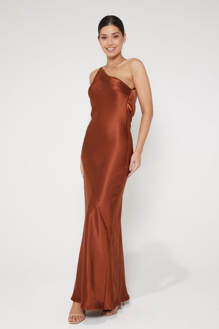 Monica One Shoulder Satin Maxi Dress - Rust