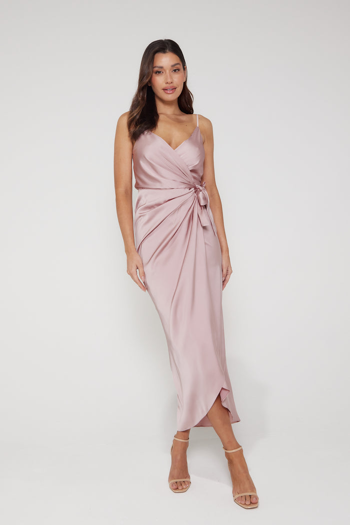 Rosa Tie Side Satin Cami Wrap Dress - Blush