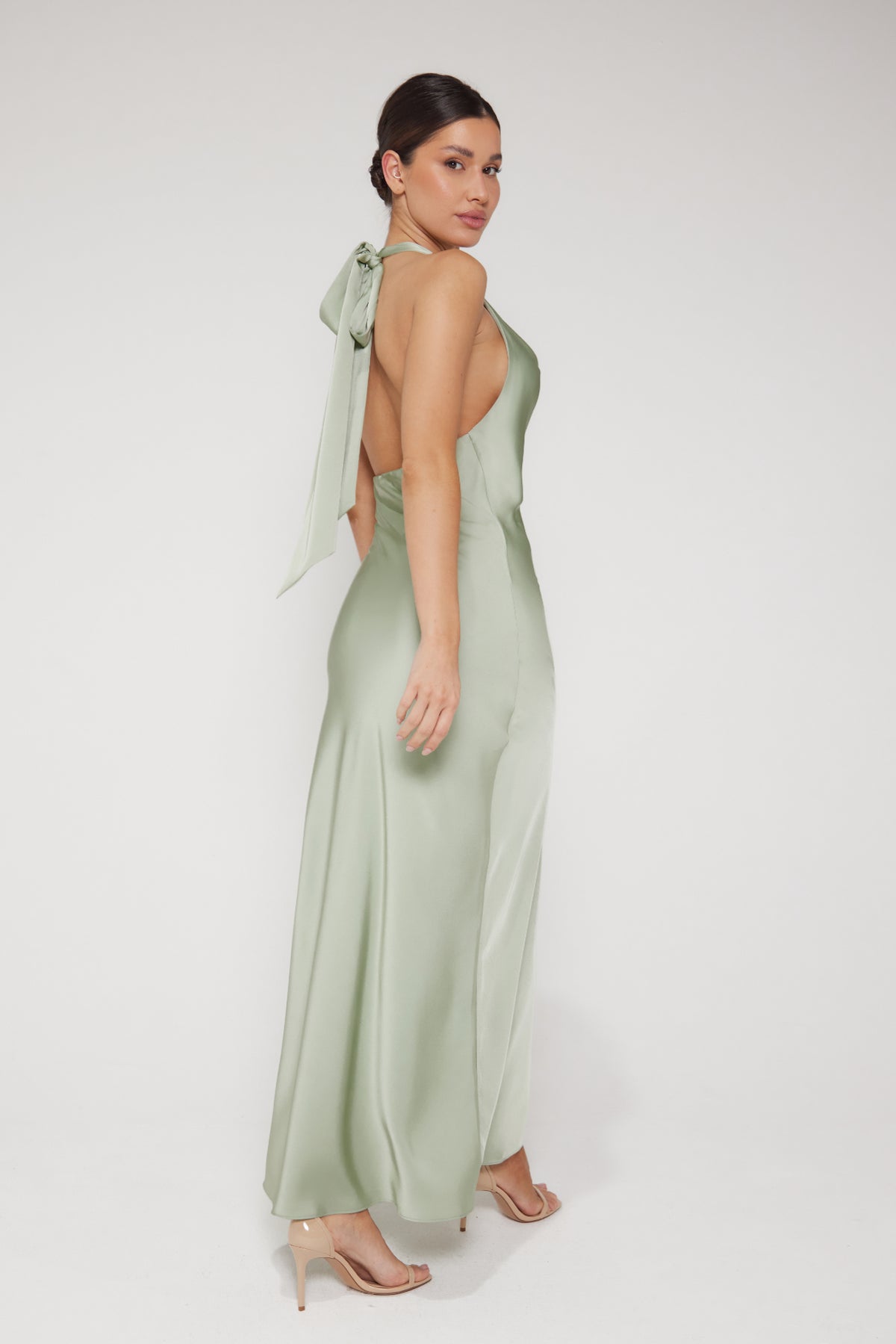 Aurora Cowl Halter Neck Slip Dress - Sage Green