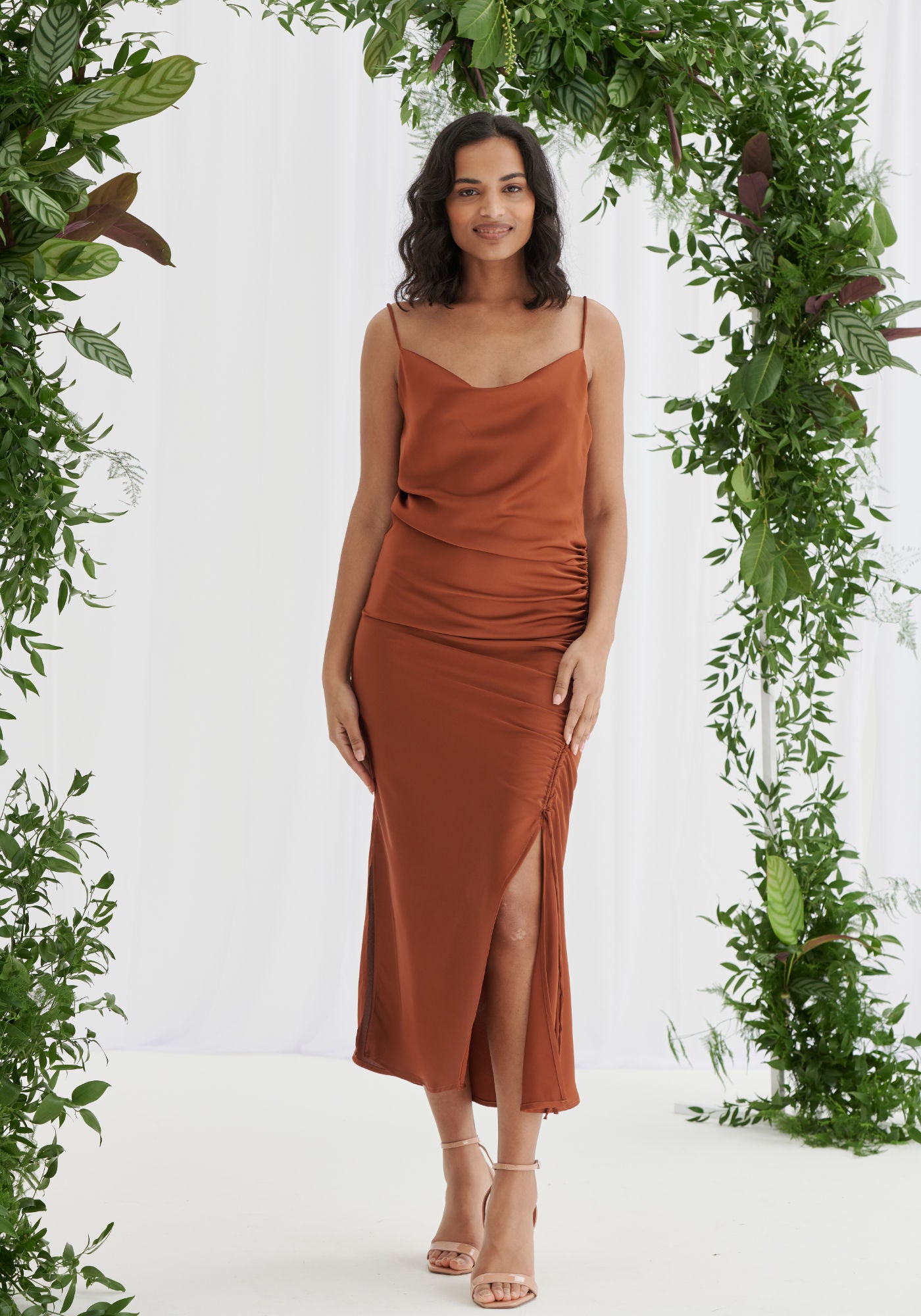 Estelle Ruched Satin Slip Dress Rust