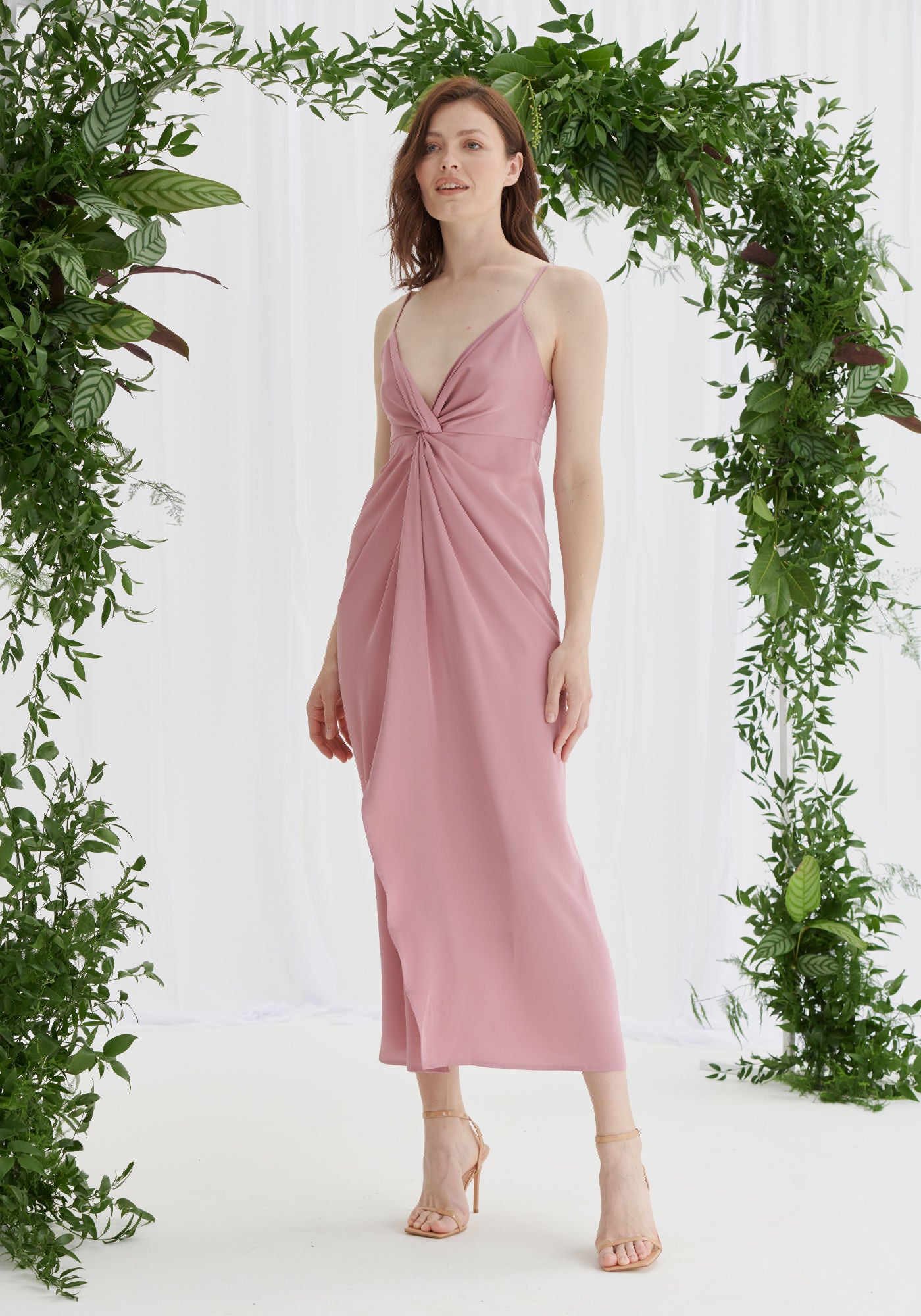 Janette Twist Front Satin Dress in Dusky Pink Luxe Collection