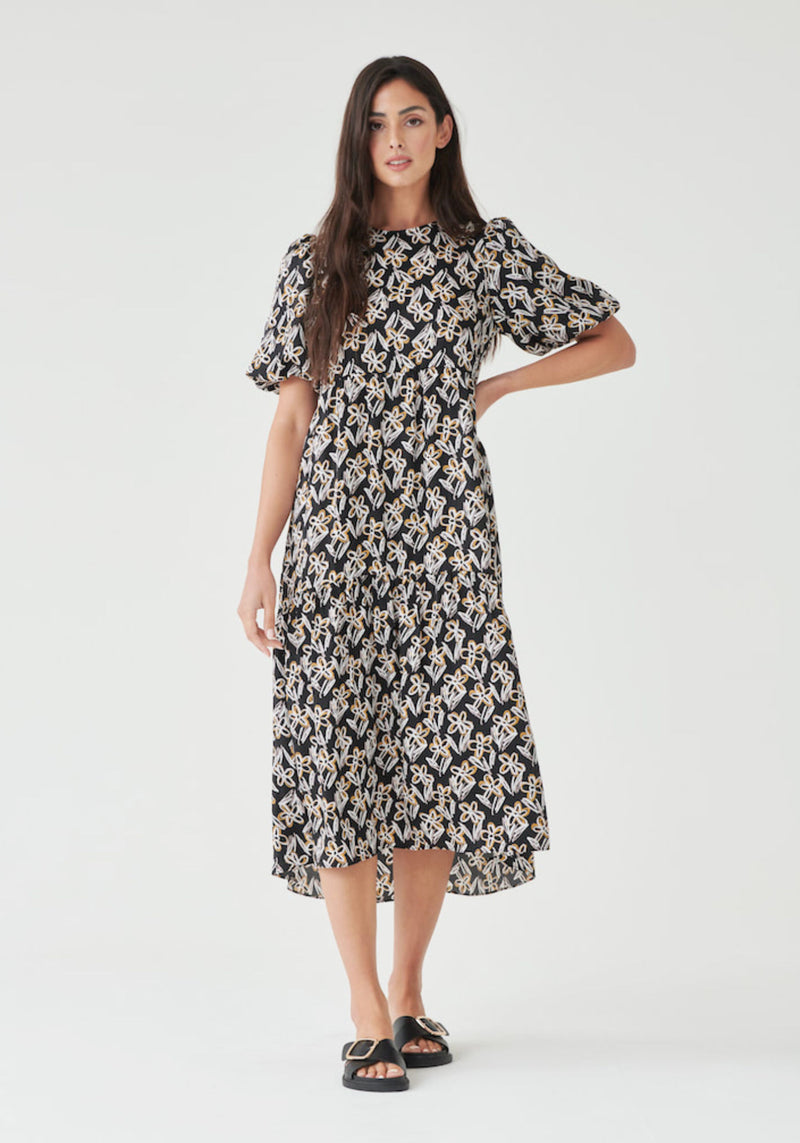 Puff Sleeve Midi Smock Dress in Abstract Floral