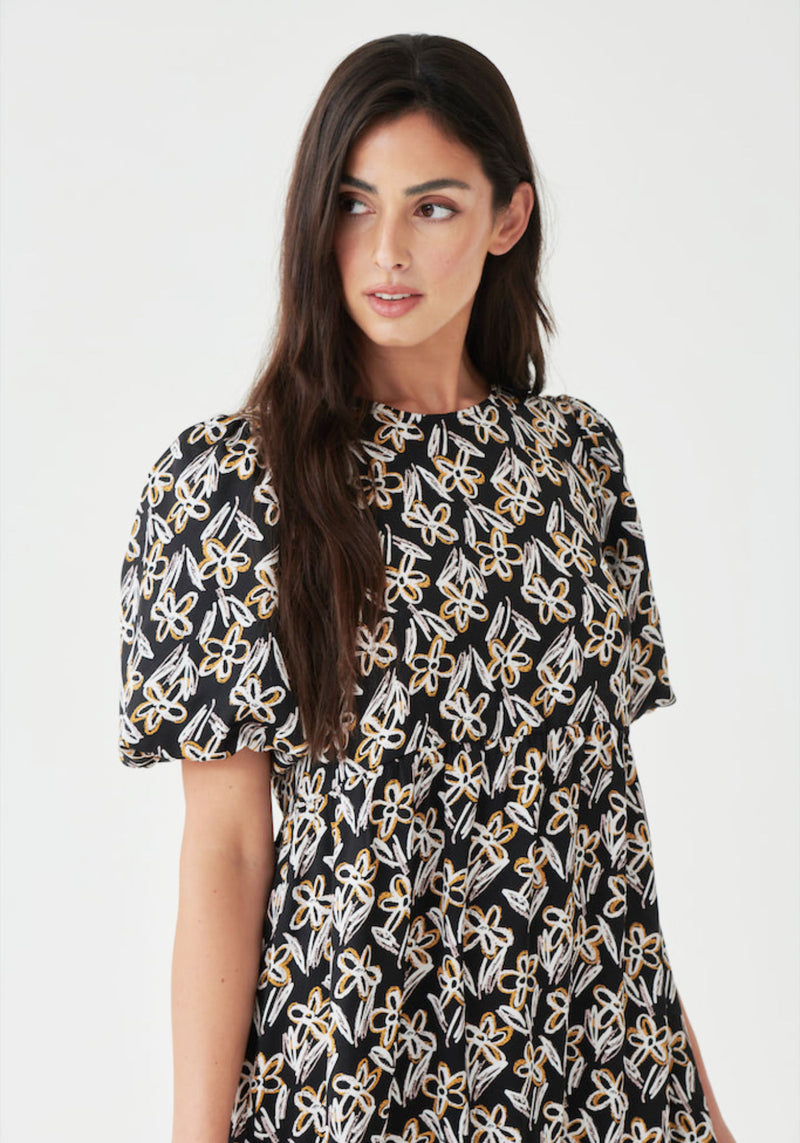 Puff Sleeve Midi Smock Dress in Abstract Floral