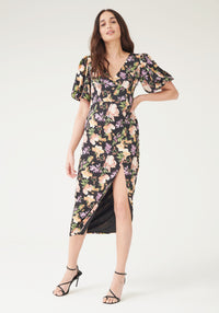 Sienna Wrap Midi Dress - Black Floral