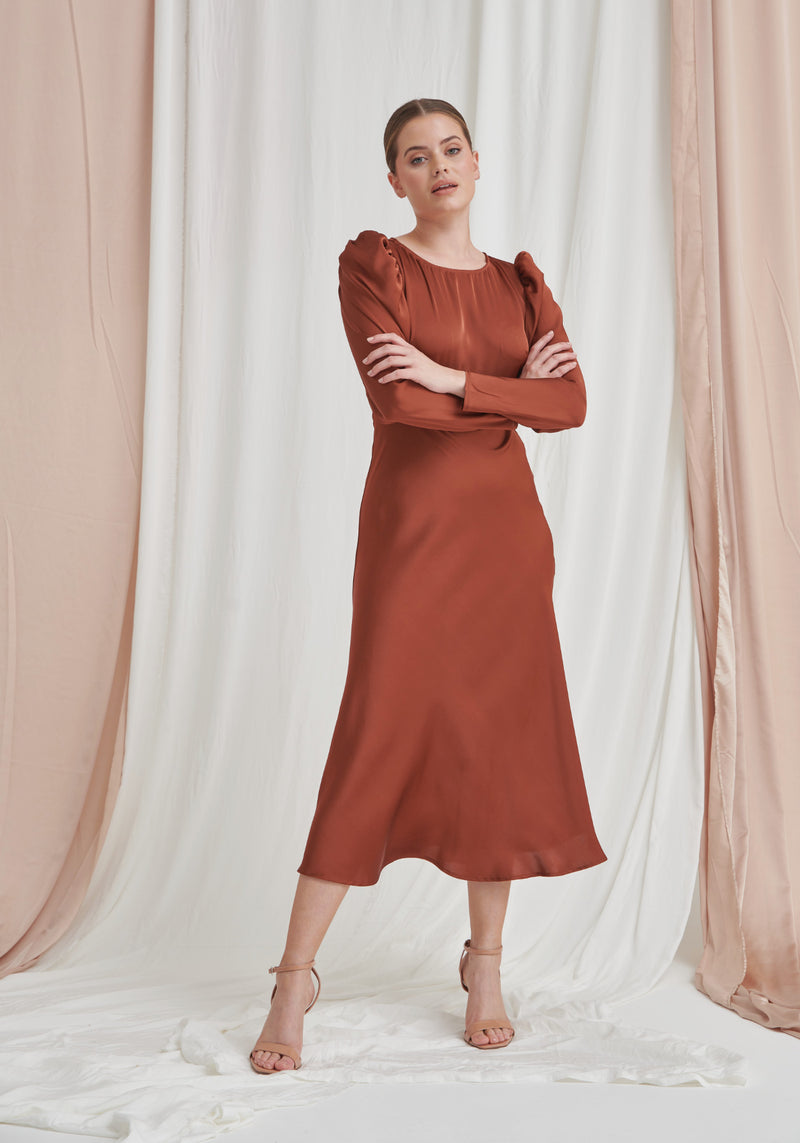 Blair Long Sleeve Satin Dress - Rust-Outlet