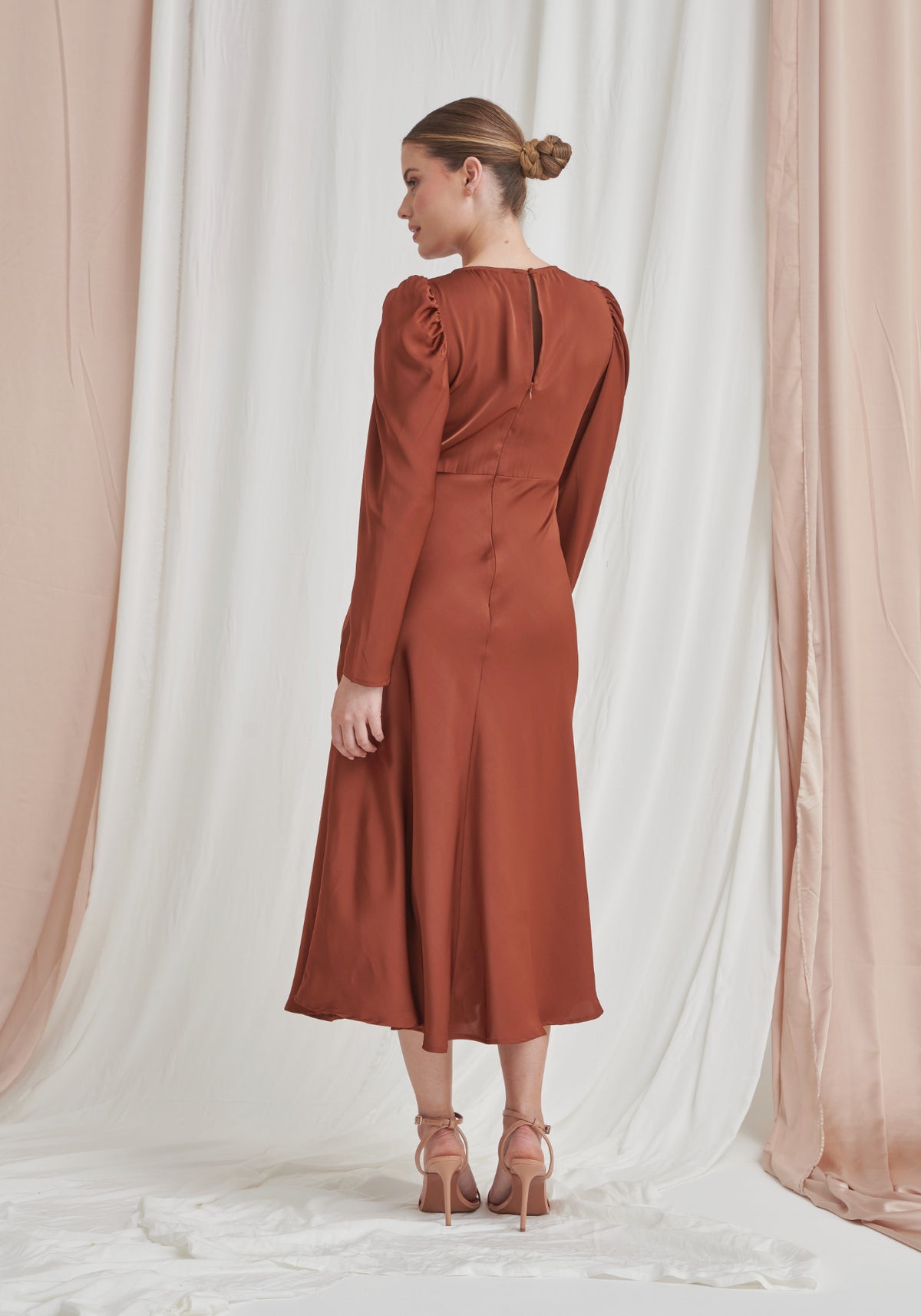 Blair Long Sleeve Satin Dress - Rust-Outlet