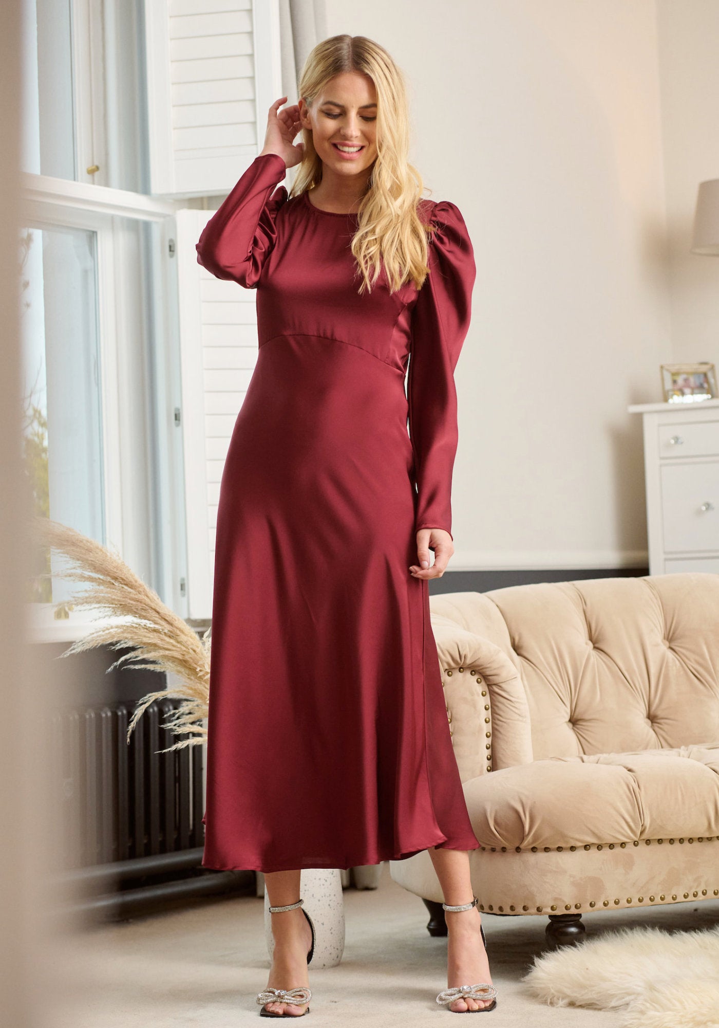 Long Sleeve Satin Midi Dress Luxe Collection Liena UK