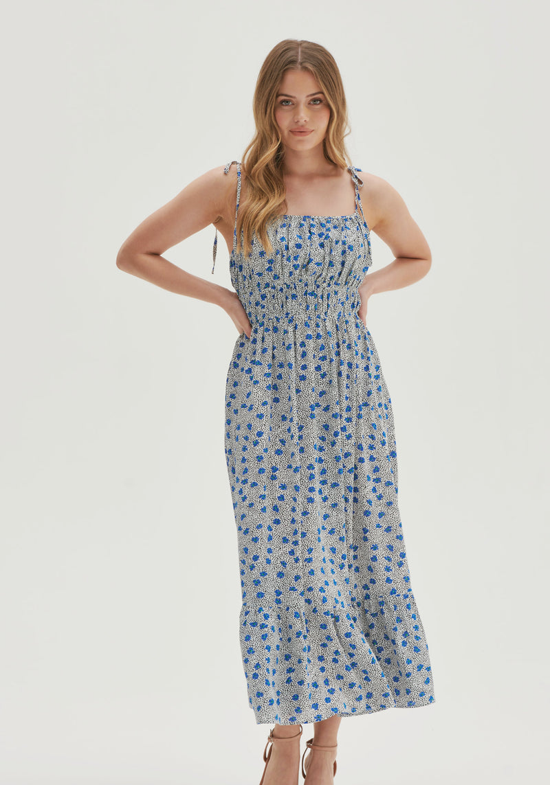 Lily Ruched Cami Midaxi Dress - Blue Floral