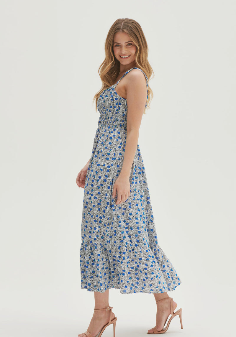 Lily Ruched Cami Midaxi Dress - Blue Floral