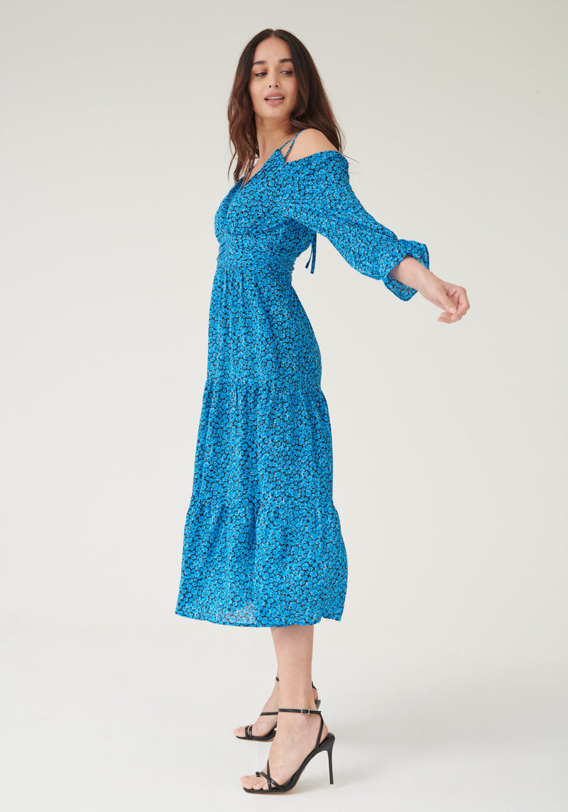Scarlett Bardot Sleeve Midi Dress - Blue Floral