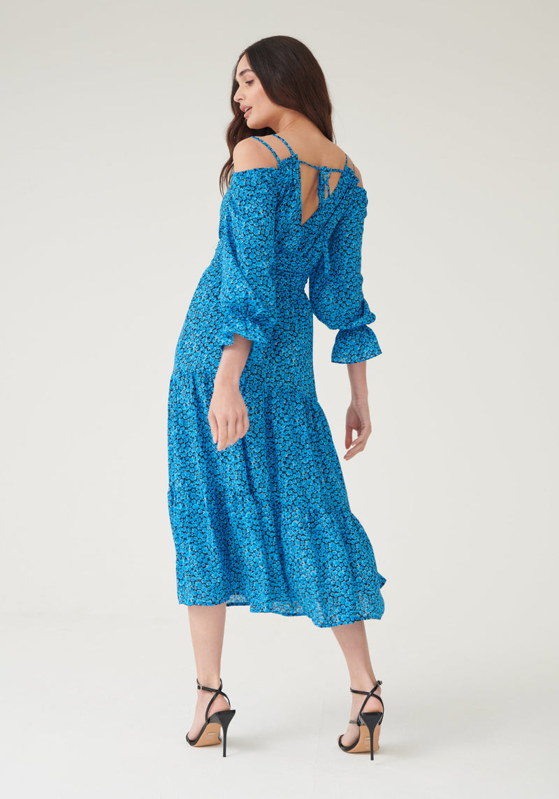 Scarlett Bardot Sleeve Midi Dress - Blue Floral