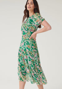 Green and pink floral midi dress - wedding guest dresses , christening dresses, dress for the races