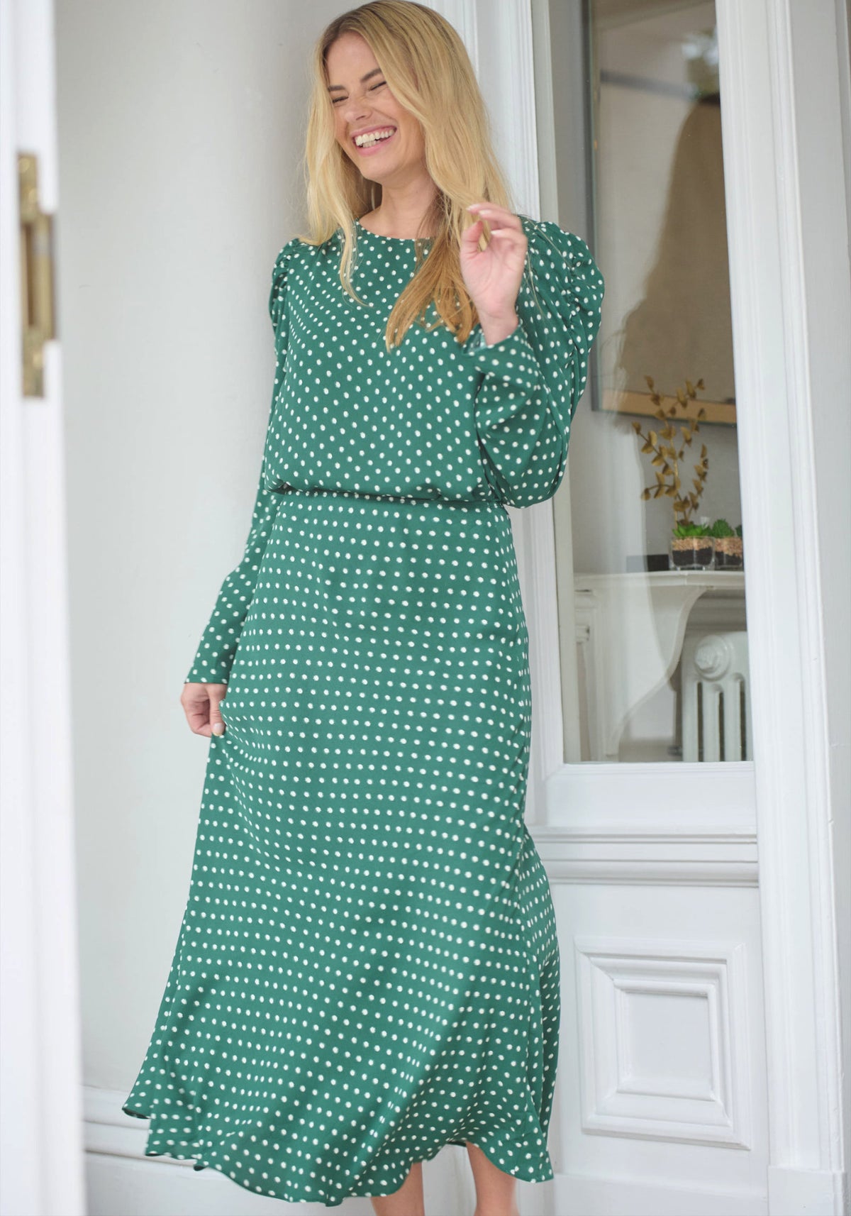 Lucie Midi Skirt in Green Polka Dot - Outlet