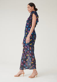 Hollie Frill Sleeve Maxi Dress - Navy Floral-Outlet