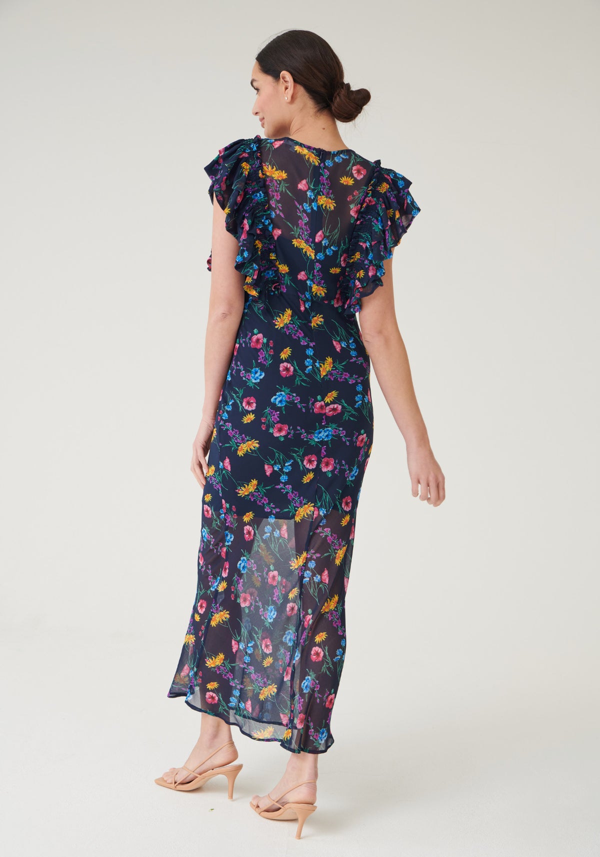 Hollie Frill Sleeve Maxi Dress - Navy Floral-Outlet